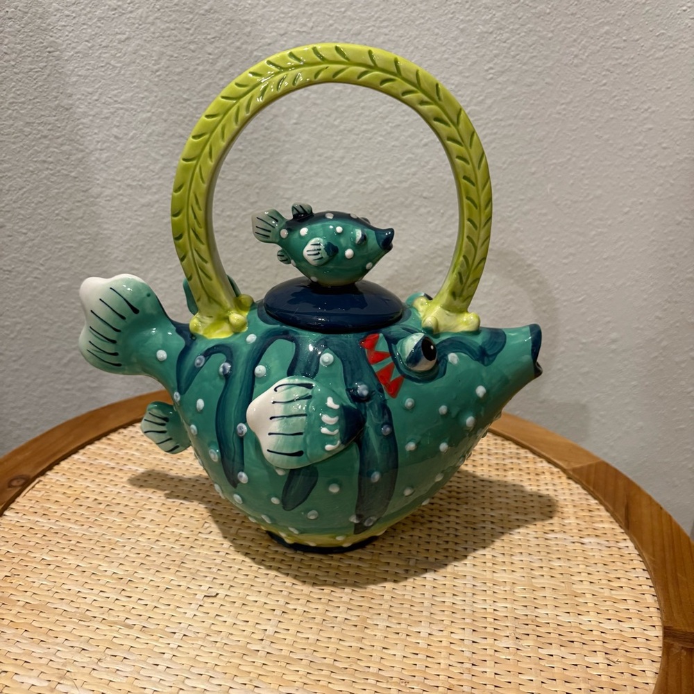Teal Ceramic Puffer Fish Teapot with Yellow Handle